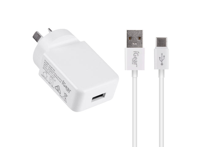 iGear CHARGER 240V WITH TYPE C USB CHARGE/SYNC CABLE WHITE